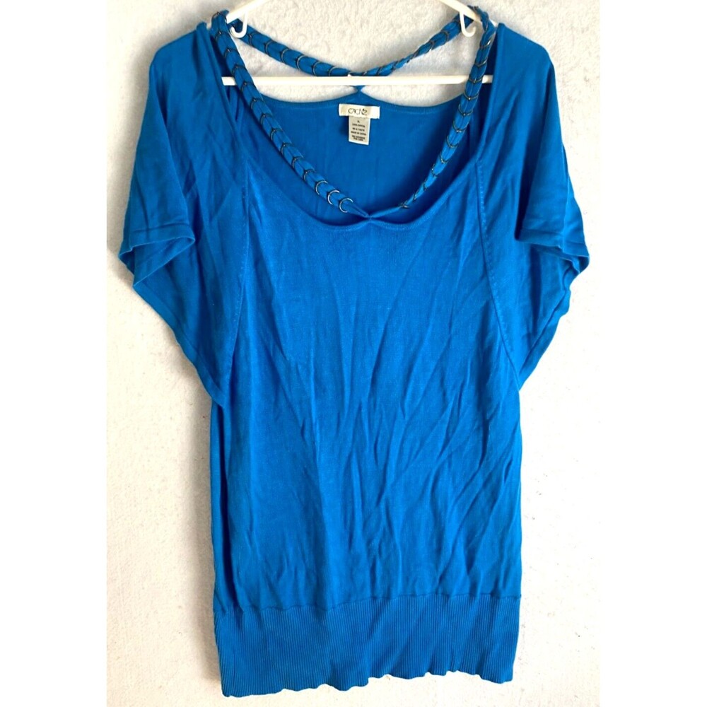 CACHE Women's XL Blue Short Sleeve Knit Top Tunic